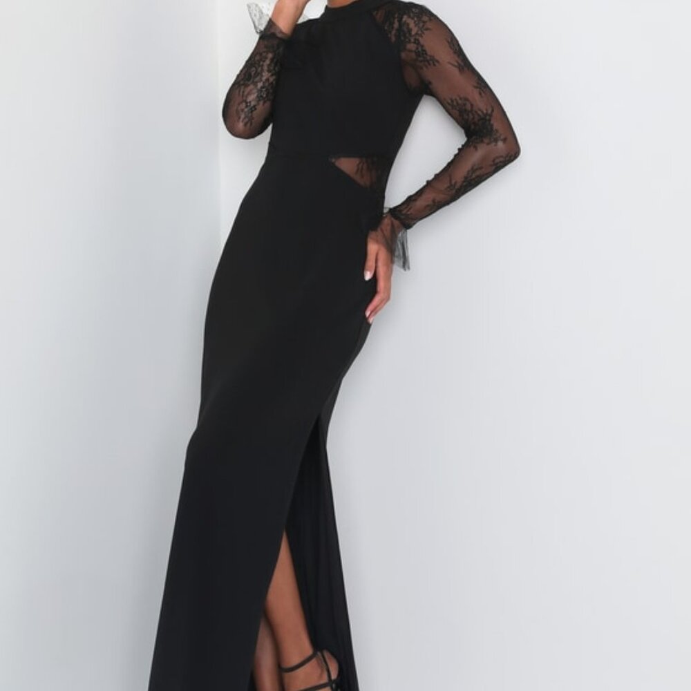 Lulus Bragging Rights Black Lace Long Sleeve Column Maxi Dress - Size L